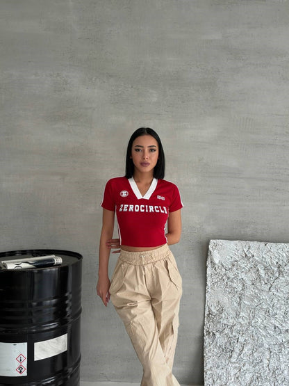 Zerocircle Y2K Baskılı Red Baskılı V Yaka  Siyah Crop T-Shirt