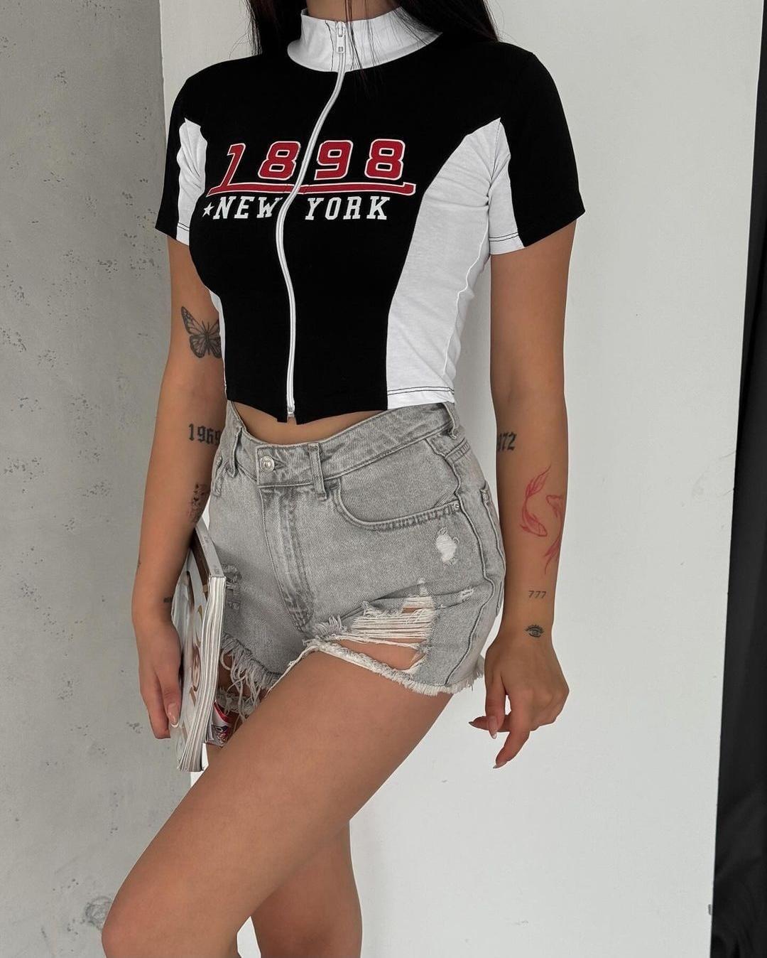 ESC BUTİK 1898 Newyork Baskılı Fermuarlı Crop Bluz