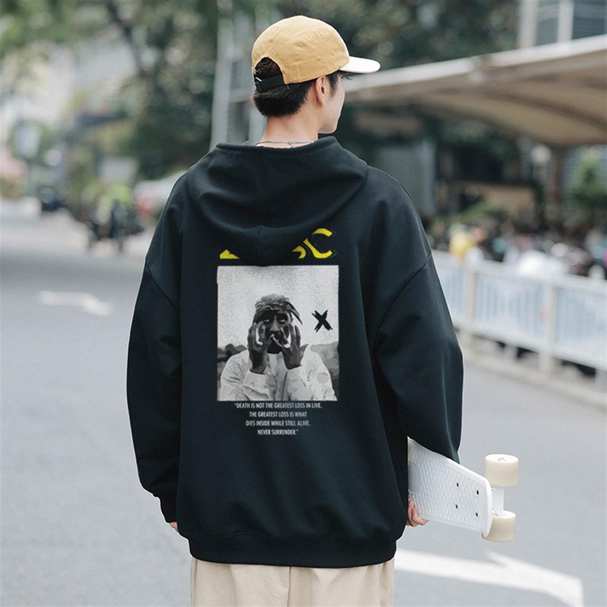 ESC BUTİK 2Pac Baskılı Siyah Unisex Oversize Kapüşonlu Sweatshirt