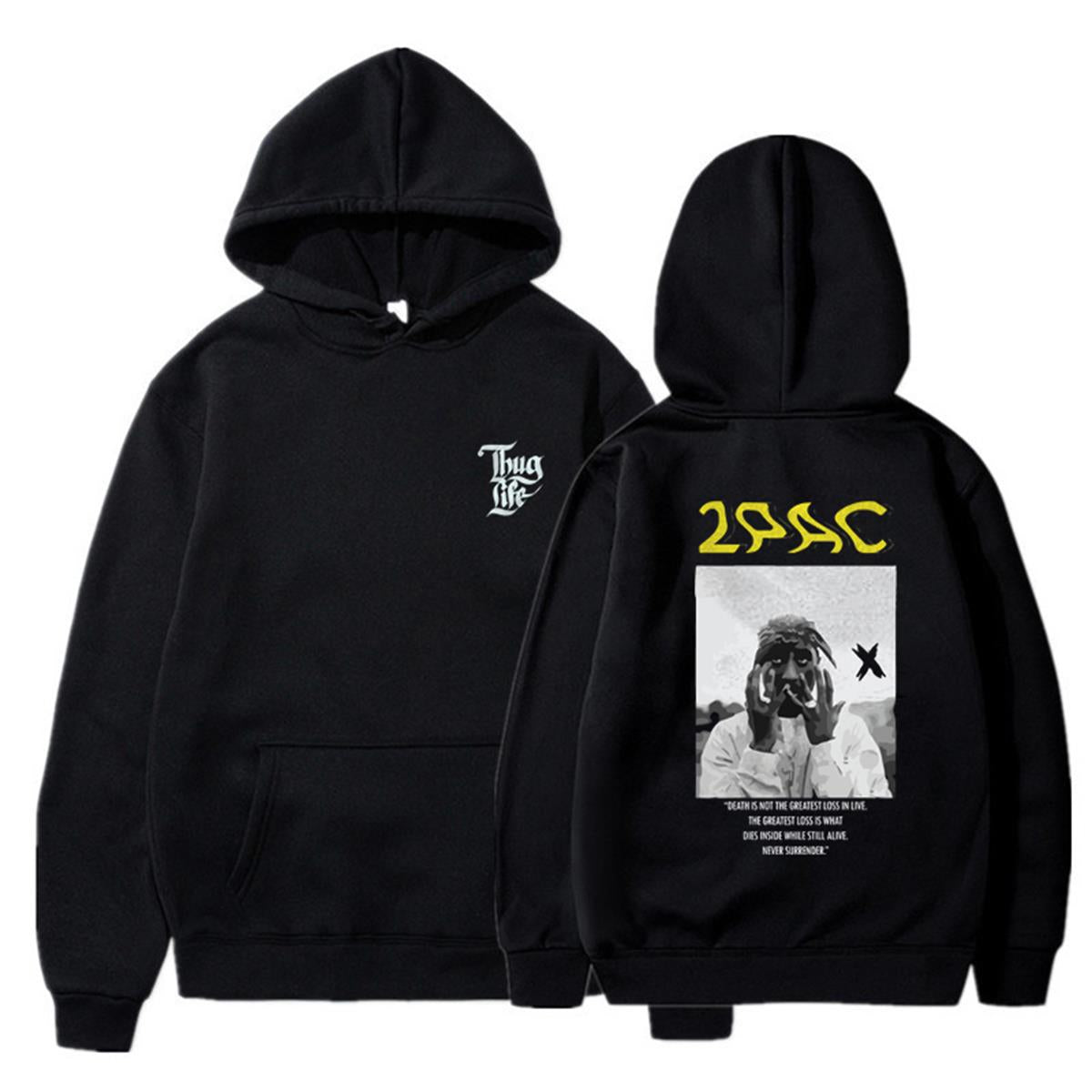 ESC BUTİK 2Pac Baskılı Siyah Unisex Oversize Kapüşonlu Sweatshirt