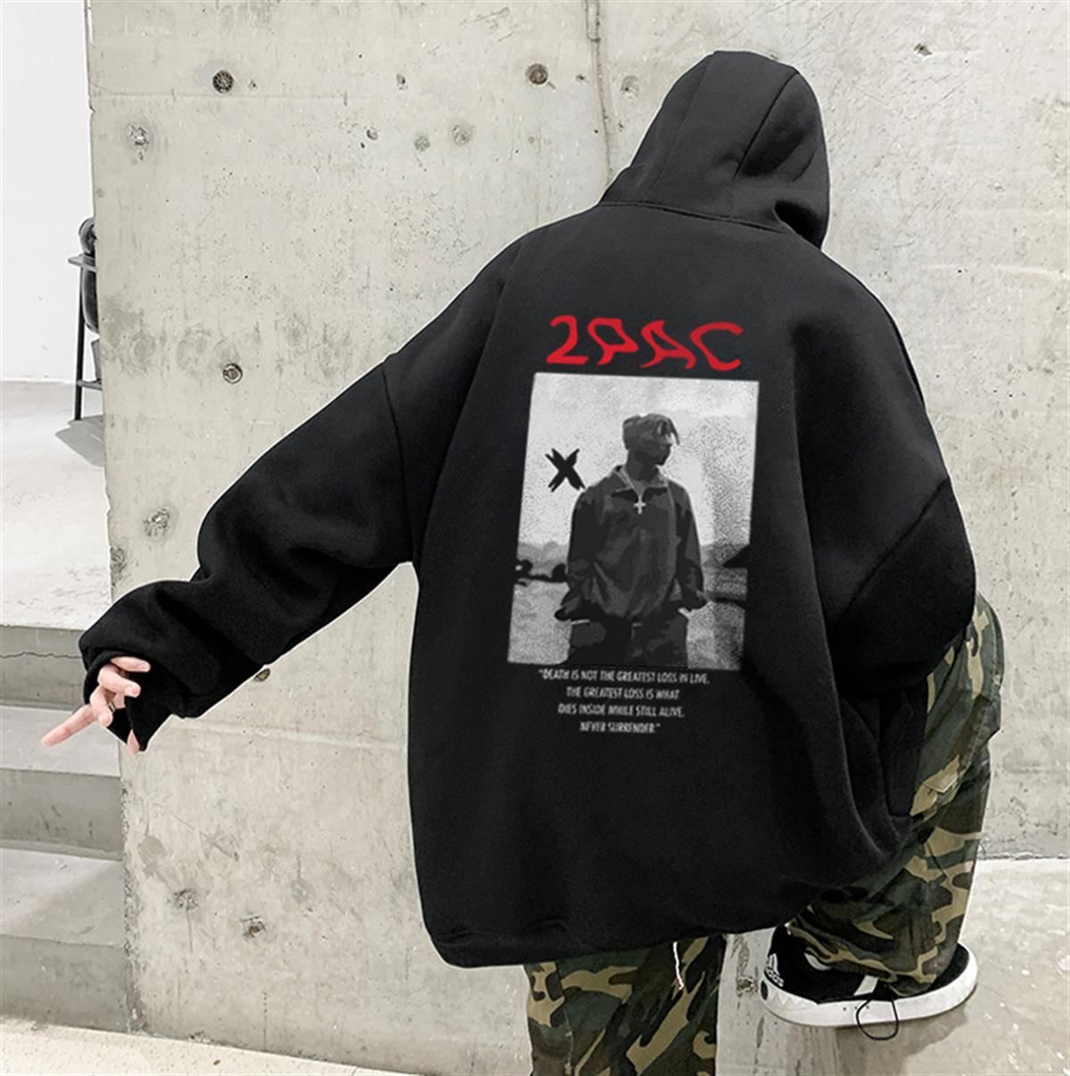 ESC BUTİK 2Pac Shakur Baskılı Siyah Unisex Oversize Kapüşonlu Sweatshirt