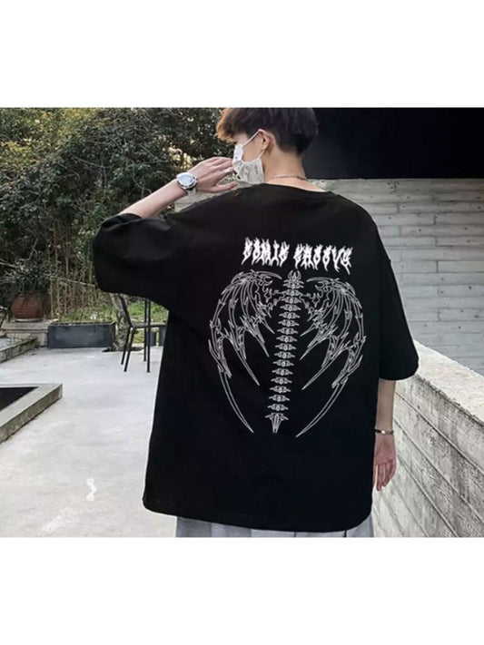 Anime Gothic Harajuku Siyah Tribal Wings Sırt Baskılı Unisex T-shirt