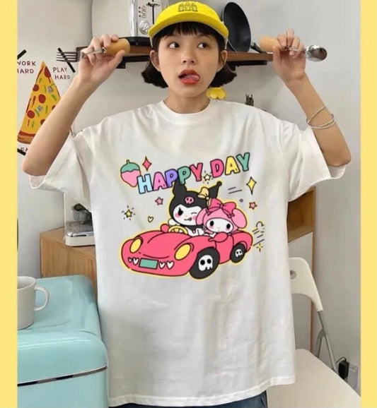 Hello Kity Kuromi Happy Day Beyaz Oversize Kısa Kollu Unisex T-Shirt