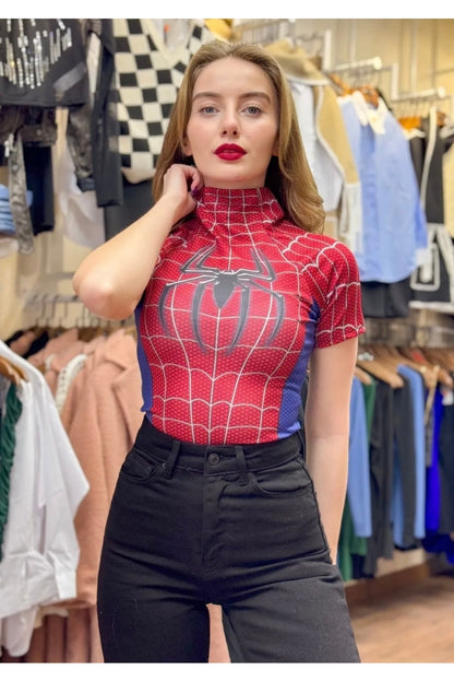 Vintage Spiderman Likralı Slim Bodysuit Kırmızı Kadın Bluz