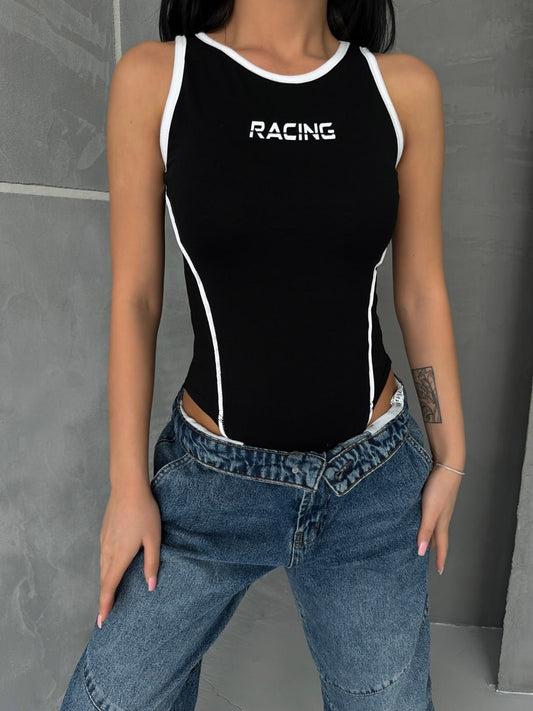 Y2k Tech Siyah Racing Çıtçıtlı Zıbın Body Bluz