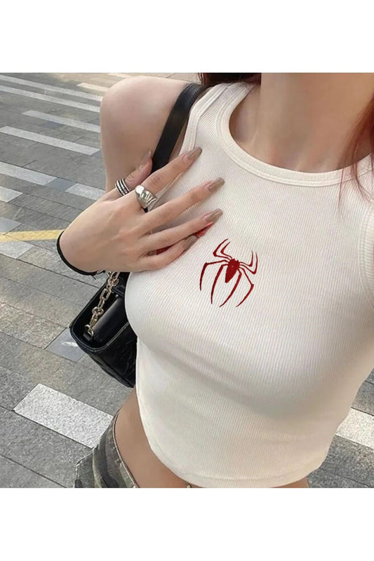 Y2k Spider Nakışlı Beyaz Halter Yaka Kaşkorse Crop Top