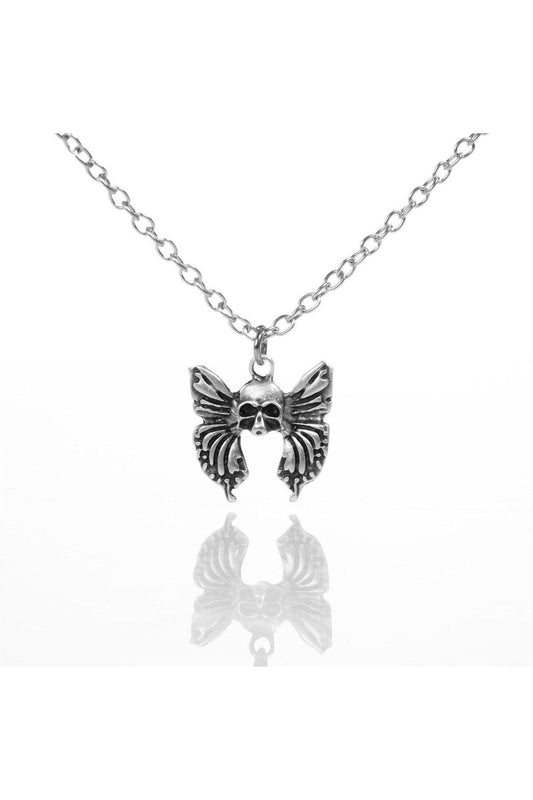 Antik Gümüş Kaplama Özel Hediyelik Küt Küt Skull and Butterfly Necklace Kolye