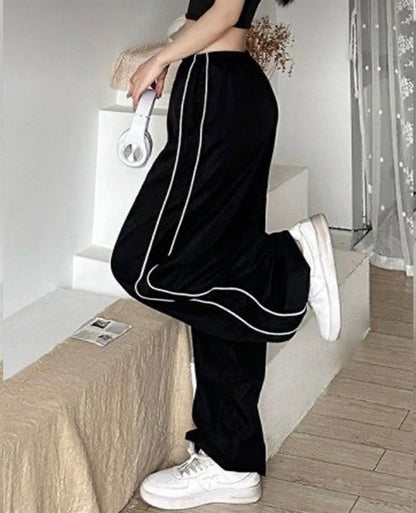 Harajuku Zip Detail Çift Çizgili Black Tracksuit Oversize Eşofman Altı