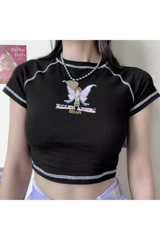 Harajuku Fashion Angel Dream Siyah Yarım Kadın T-shirt