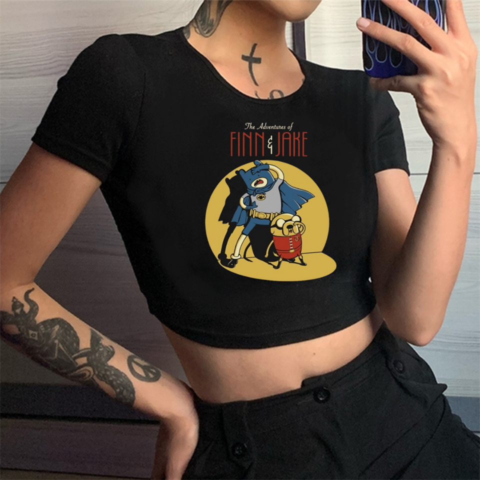 ESC BUTİK  Adventure Time Finn And Jake Baskılı Siyah Crop