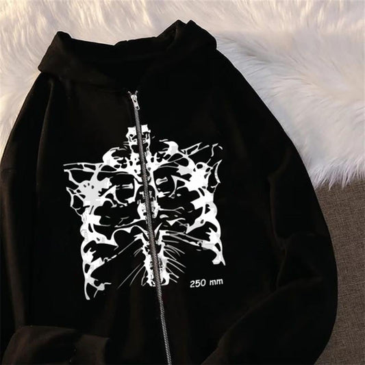 ESC BUTİK Aesthetic Skeleton Baskılı Oversize Fermuarlı Siyah Unisex Kapüşonlu Hırka