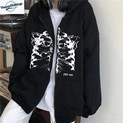 ESC BUTİK Aesthetic Skeleton Baskılı Oversize Fermuarlı Siyah Unisex Kapüşonlu Hırka