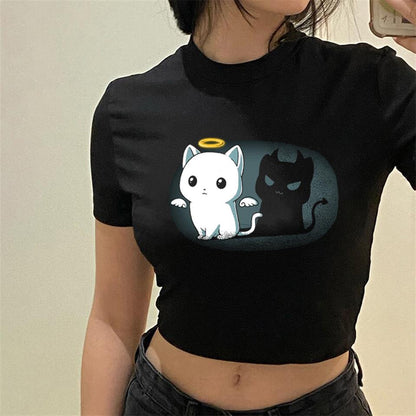 ESC BUTİK Angel And Devil Cat Siyah Crop