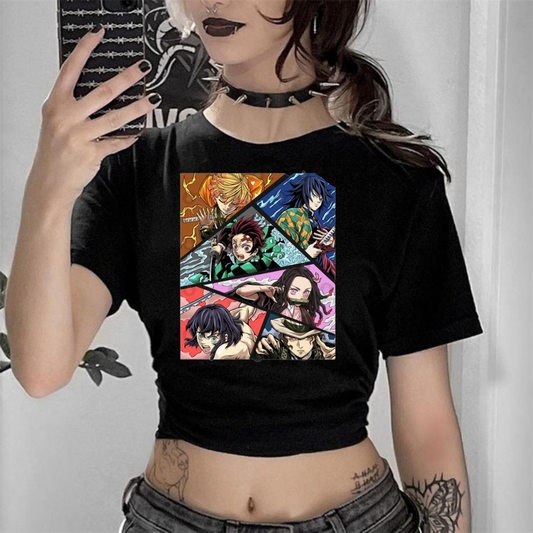 ESC BUTİK Anime Deoman Slayer Kolaj Baskılı Siyah Crop