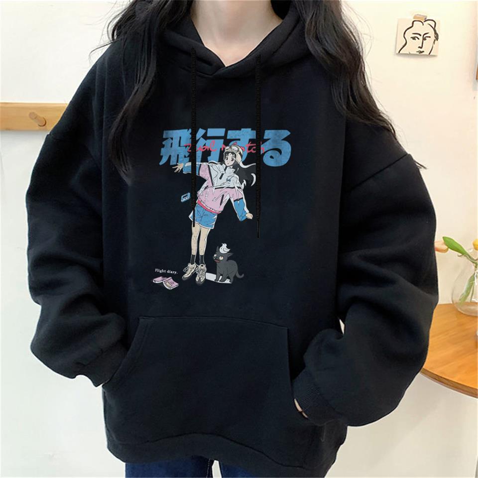 ESC BUTİK Anime Girl & Cat Baskılı Siyah Unisex Oversize Kapüşonlu Sweatshirt