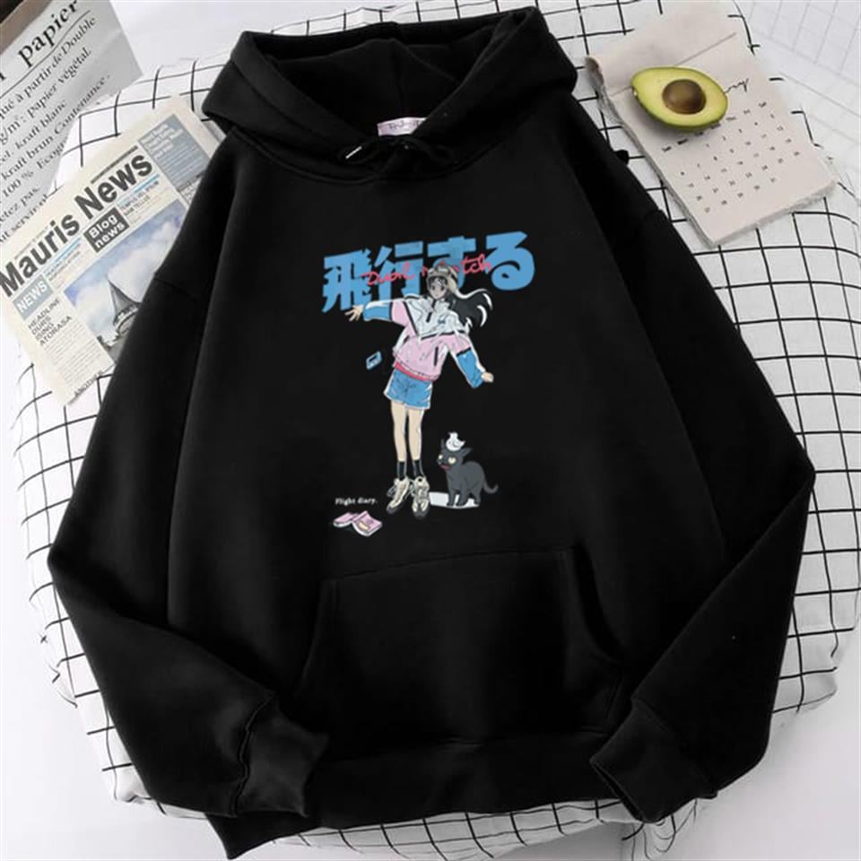 ESC BUTİK Anime Girl & Cat Baskılı Siyah Unisex Oversize Kapüşonlu Sweatshirt