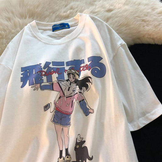 ESC BUTİK Anime Girl & Cat Beyaz Unisex Oversize T-shirt