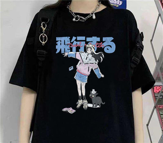 ESC BUTİK Anime Girl & Cat Siyah Unisex Oversize T-shirt