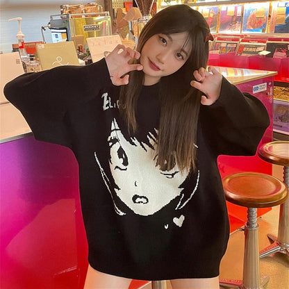 ESC BUTİK Anime Girl Harajuku Vintage Streetwear Unisex Siyah Kazak