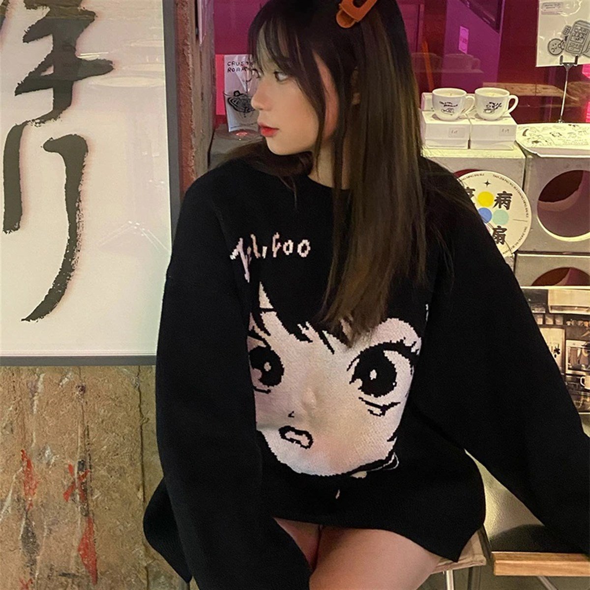 ESC BUTİK Anime Girl Harajuku Vintage Streetwear Unisex Siyah Kazak