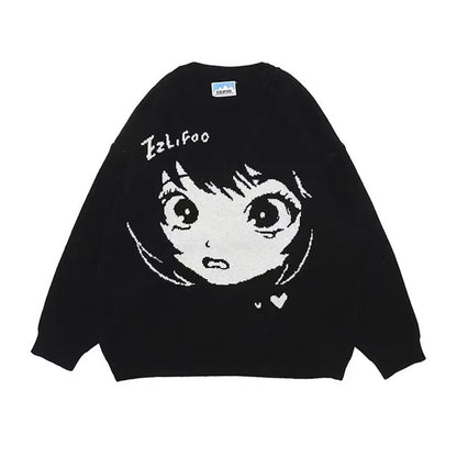 ESC BUTİK Anime Girl Harajuku Vintage Streetwear Unisex Siyah Kazak