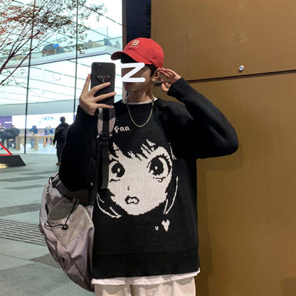 ESC BUTİK Anime Girl Harajuku Vintage Streetwear Unisex Siyah Kazak