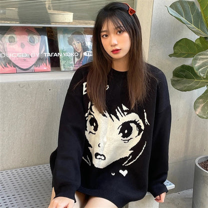 ESC BUTİK Anime Girl Harajuku Vintage Streetwear Unisex Siyah Kazak