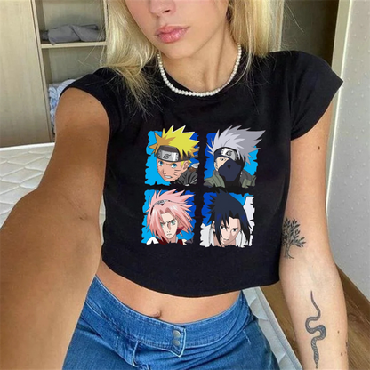 ESC BUTİK Anime Naruto Baskılı Siyah Crop