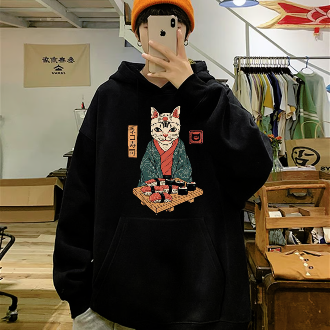 ESC BUTİK Anime Sushi Cat Oversize Hoodie