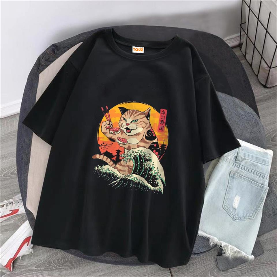 ESC BUTİK Artist Cat Baskılı Siyah Unisex Oversize T-shirt