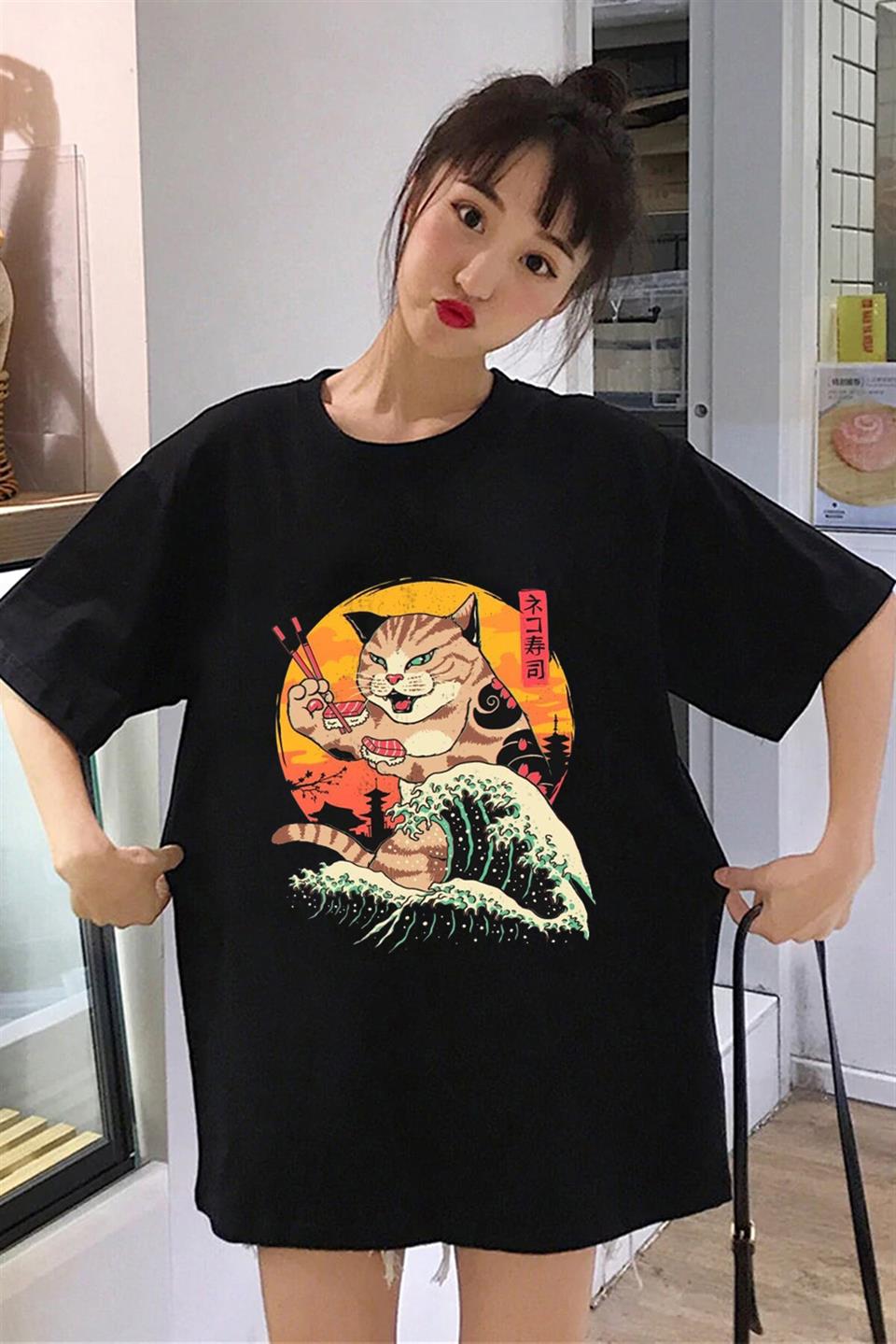 ESC BUTİK Artist Cat Baskılı Siyah Unisex Oversize T-shirt