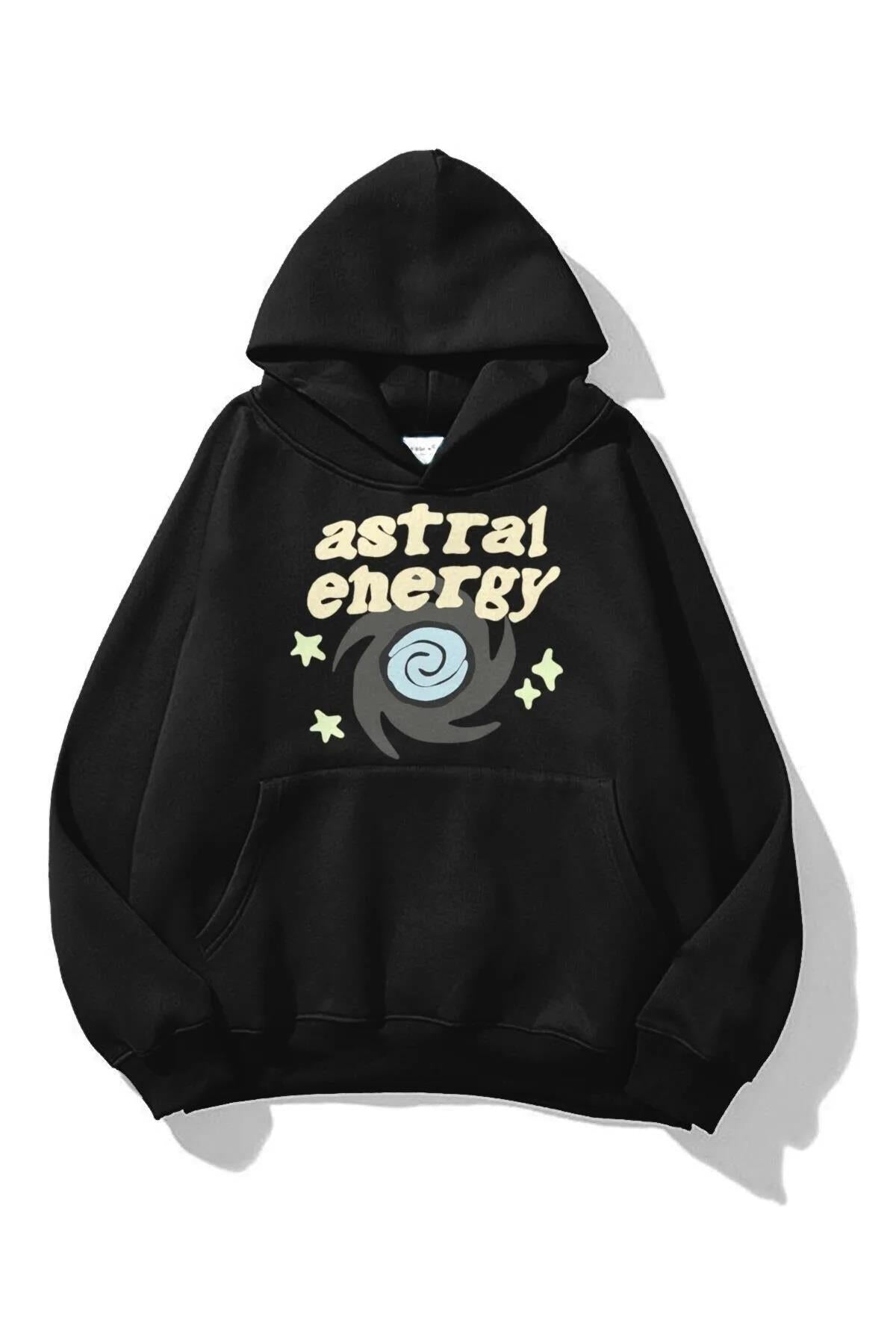 ESC BUTİK Astral Energy Baskılı Siyah Kapşonlu Sweatshirt