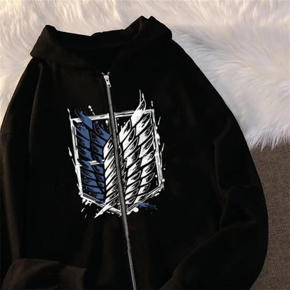 ESC BUTİK Attack On Titan New Logo Baskılı Oversize Fermuarlı Siyah Unisex Kapüşonlu Hırka