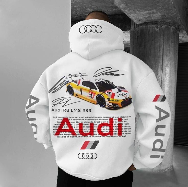 ESC BUTİK Audi Baskılı Beyaz Kapşonlu Sweatshirt