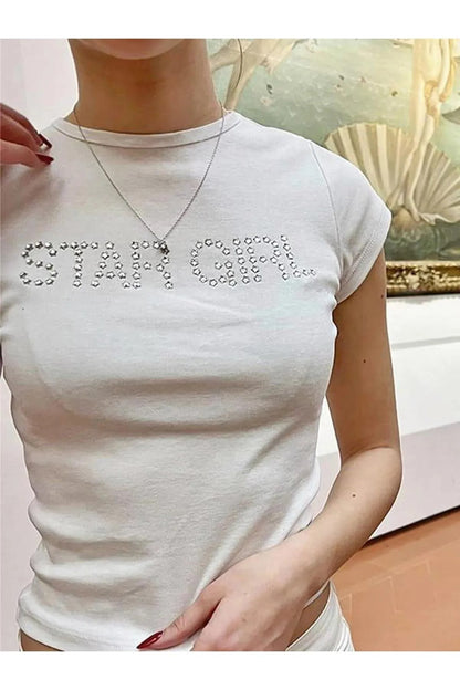 Y2k Star Girl Taşlı Baskılı Yarım Tech Crop T-shirt