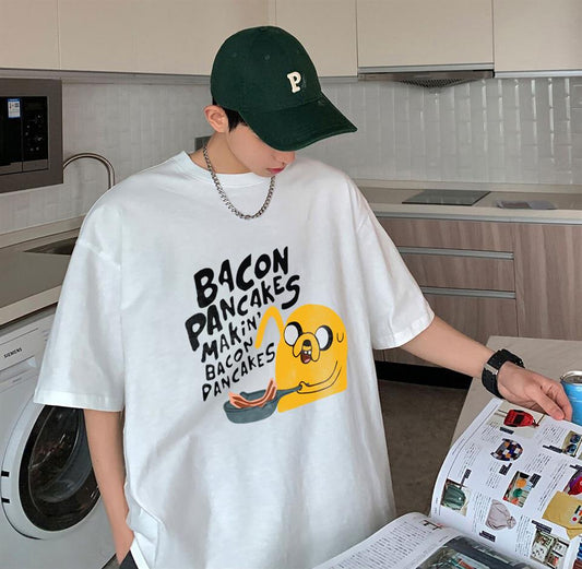 ESC BUTİK Bacon Pancakes Baskılı Beyaz Unisex Oversize T-shirt