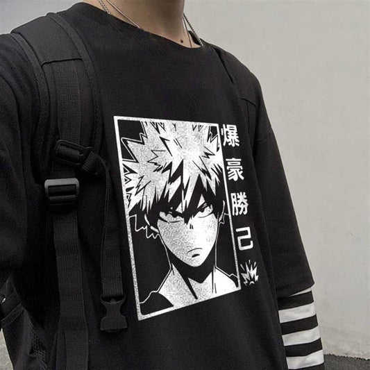 ESC BUTİK Bakugo Baskılı Fake Sleeves Unisex Siyah T-shirt