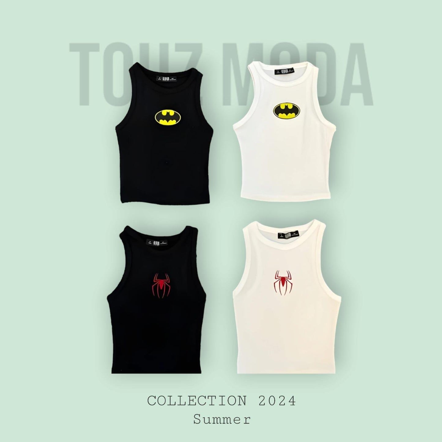 ESC BUTİK Batman Nakışlı Beyaz Halter Yaka Kaşkorse Crop Top