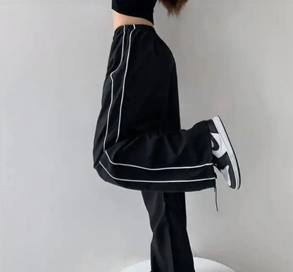 Harajuku Zip Detail Çift Çizgili Black Tracksuit Oversize Eşofman Altı