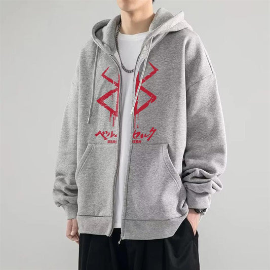 ESC BUTİK Berserk Logo Baskılı Oversize Fermuarlı Gri Unisex Kapüşonlu Hırka