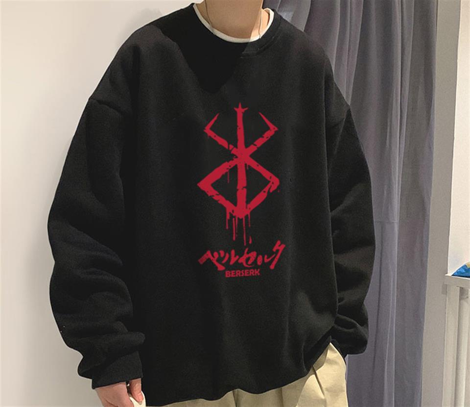 ESC BUTİK Berserk Logo Baskılı Siyah Unisex Oversize Bisiklet Yaka Sweatshirt