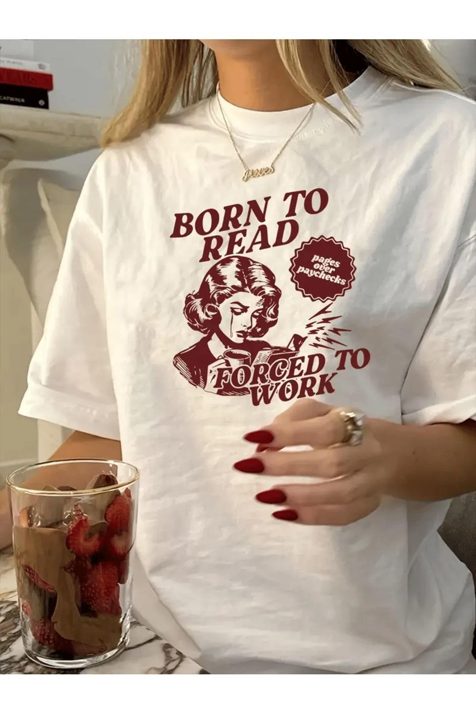 ESC BUTİK Beyaz Born to Reat Baskılı Oversize T-Shirt