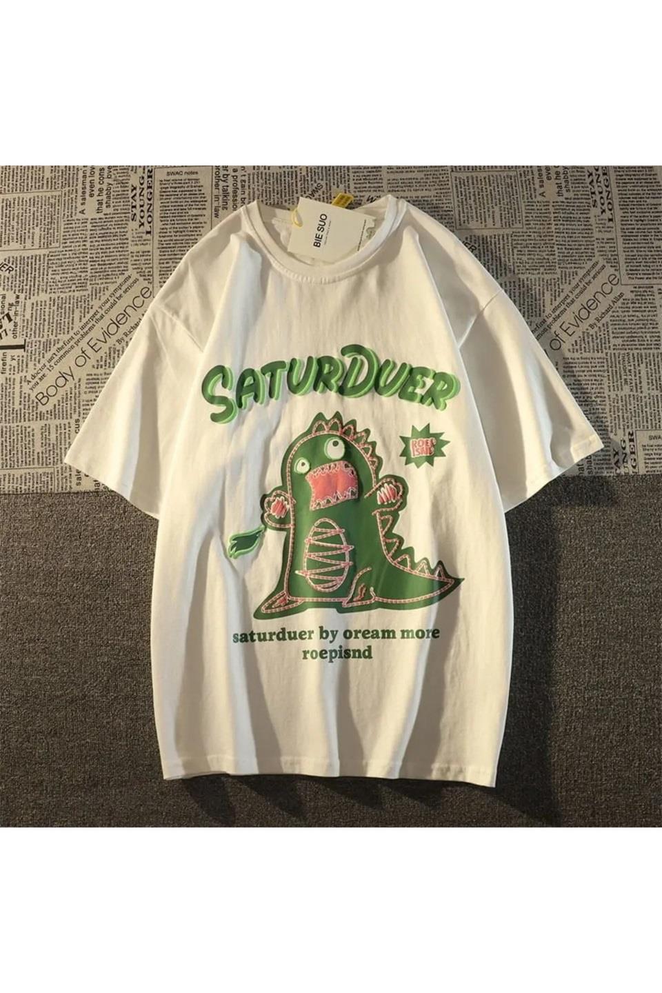 ESC BUTİK Beyaz SaturDuer Baskılı Oversize T-Shirt