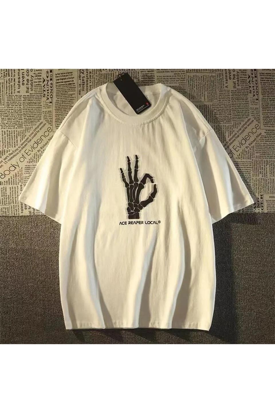 ESC BUTİK Beyaz Skeleton Hand Baskılı Oversize T-Shirt