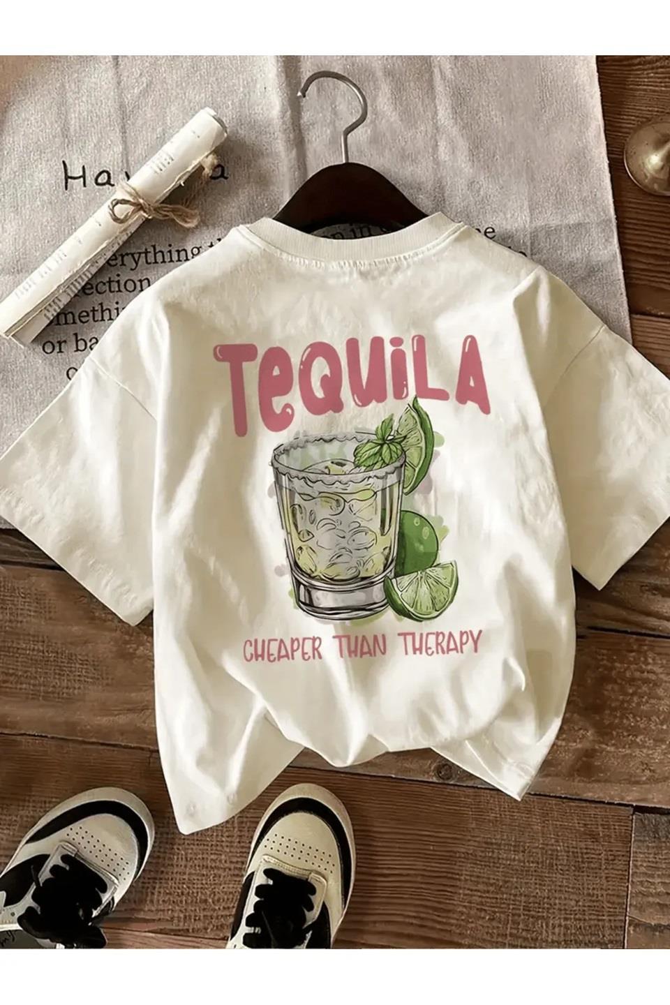 ESC BUTİK Beyaz Tequila Baskılı Oversize T-Shirt