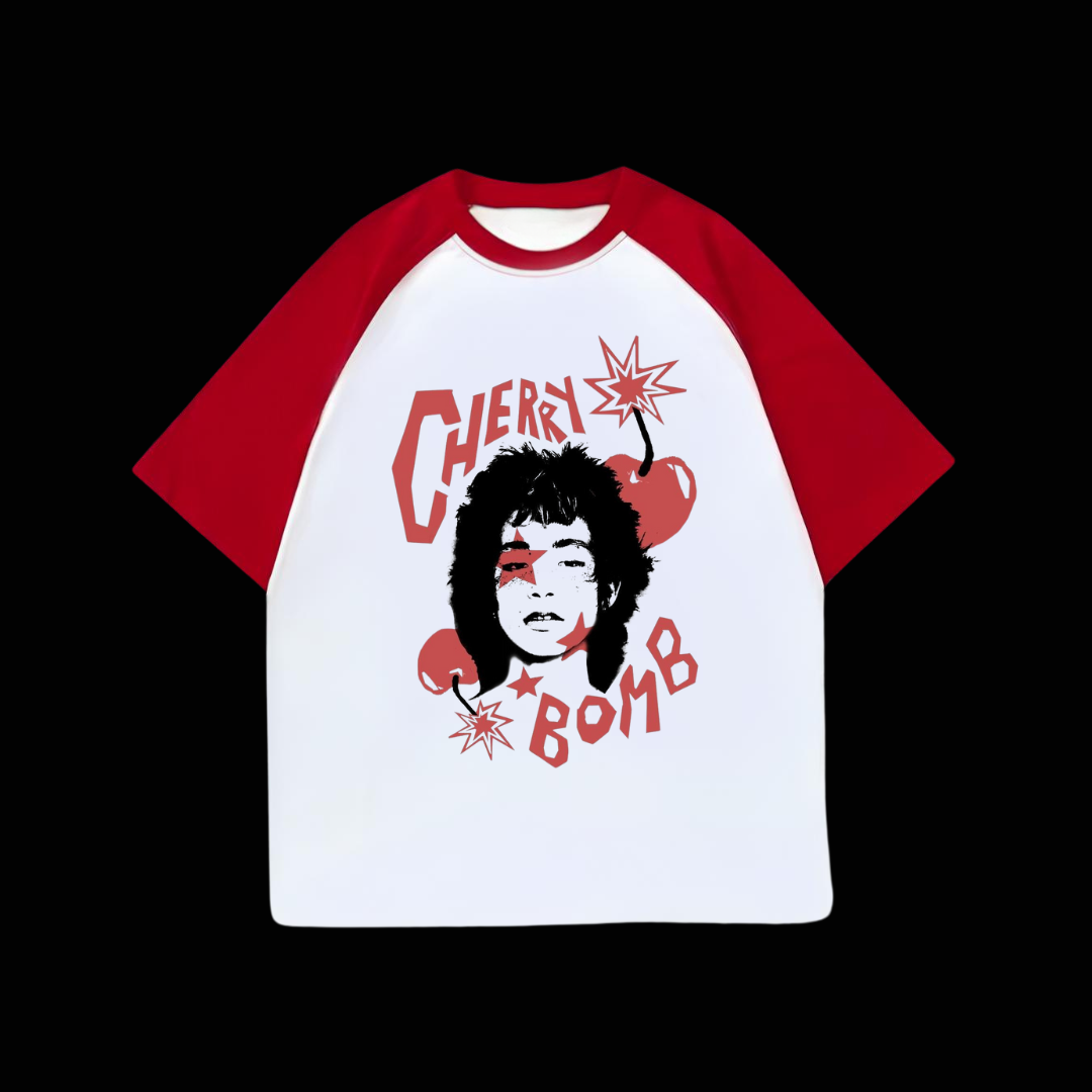 ESC BUTİK Beyaz Unisex Kırmızı Reglan Cherry Bomb T-Shirt