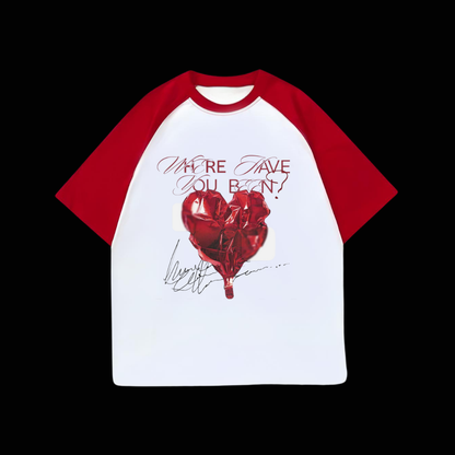 ESC BUTİK Beyaz Unisex Kırmızı Reglan Hearth Ballon T-Shirt