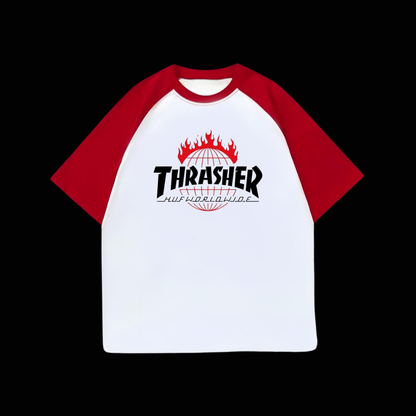 ESC BUTİK Beyaz Unisex Kırmızı Reglan Thresher T-Shirt