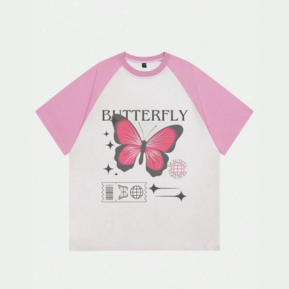 ESC BUTİK Beyaz Unisex Pembe Reglan Butterfly T-Shirt