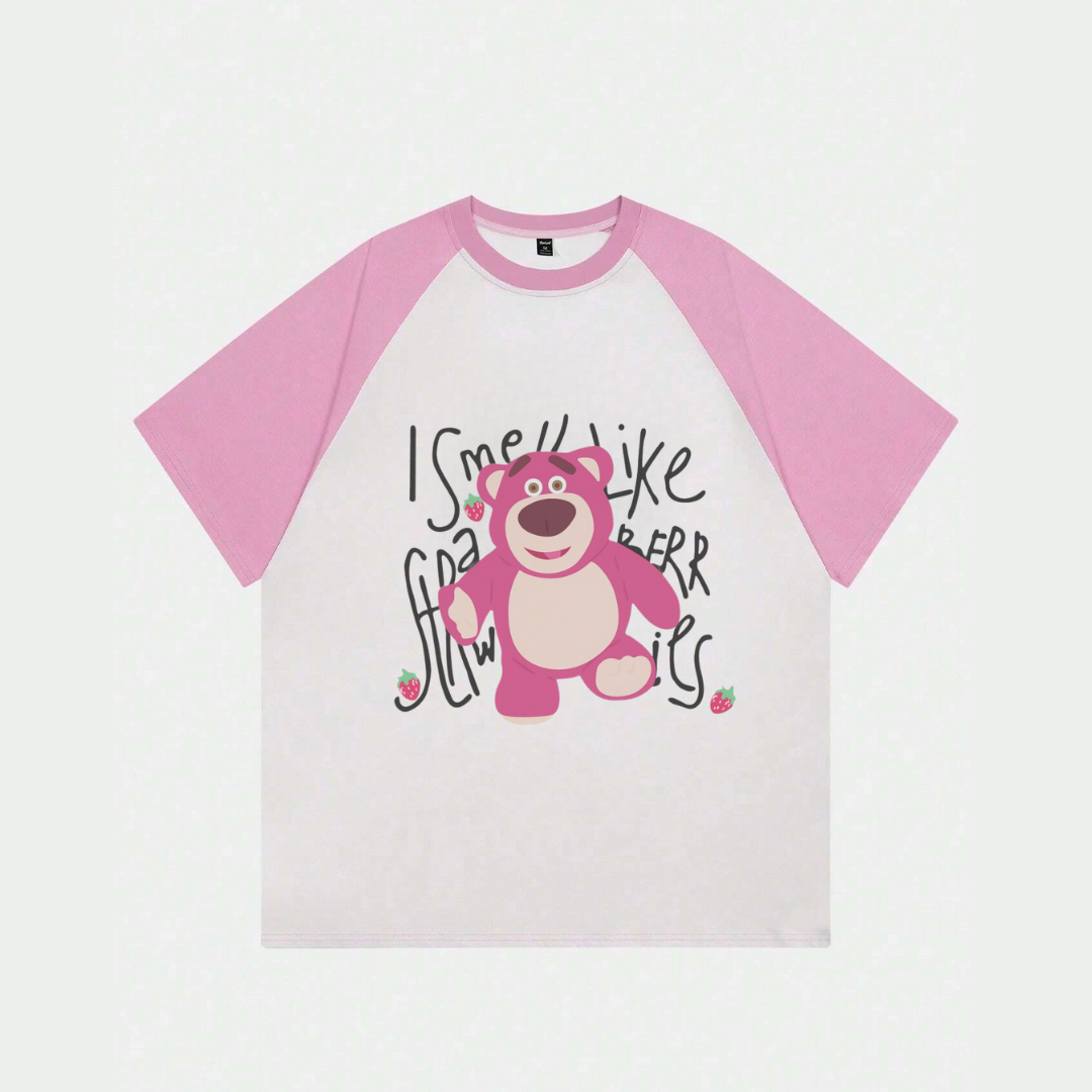 ESC BUTİK Beyaz Unisex Pembe Reglan Cute Bear T-Shirt